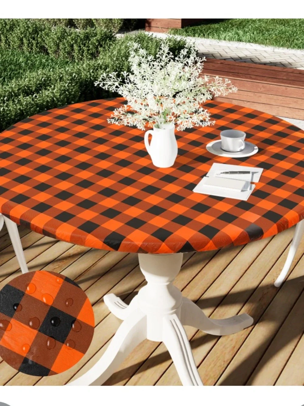 BUFFALO PLAID VINYL Tablecloth Flannel Back 36-44” Round - ORANGE & BLACK